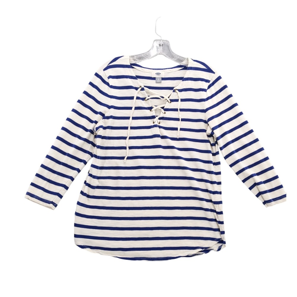 Old Navy Striped Tunic Top Lace Up 3/4 Sleeve Nautical Sz L Beach Vacation‎